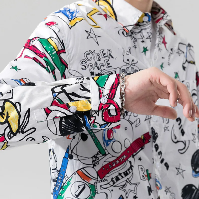

#6978 White Graffiti Cartoon Printed Shirt Men Long Sleeves Casual Vintage Hip Hop Shirt For Men Loose Harajuku Spring Autumn