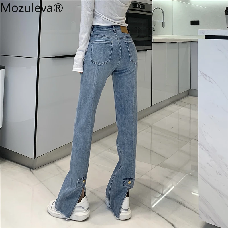 

Mozuleva Women High Waist Back Split Denim Pants Casual Bottoms Cotton Wide-leg Jeans Trousers Female Full Length Flare Jeans