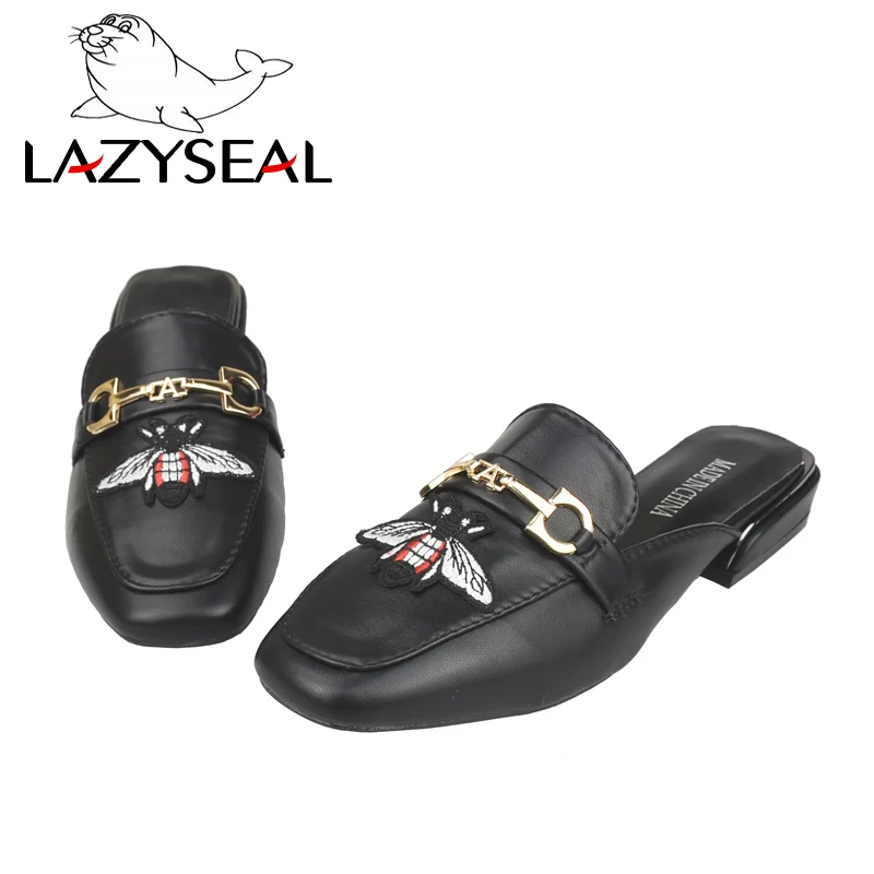 Black-Bee LazySeal/тапочки из коровьей замши с квадратным носком; женские шлепанцы на каблуке с металлическим декором; новые летние женские туфли без задника; женские шлепанцы - Цвет: Black-Bee