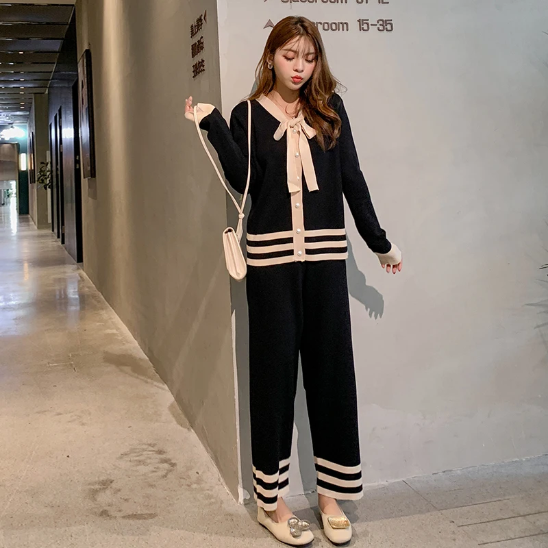 2019 осенний костюм из двух предметов в Корейском стиле с бантом вязаный |