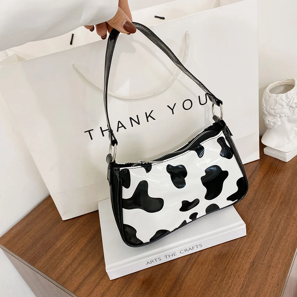 

Cow Milk Print Pattern Shoulder Bags For women 2020 Bright PU Leather Baguette Bags Female Underarm Bags bolsa feminina