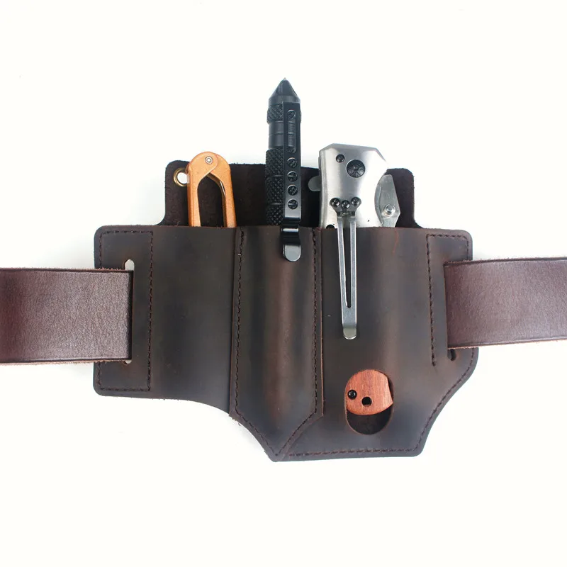 EDC Outdoor Leather Tool Knife Sheath Pockets Multitools Holder Essentials Organizer Belt Pouch Pocket Hunt Tactical Flashlight