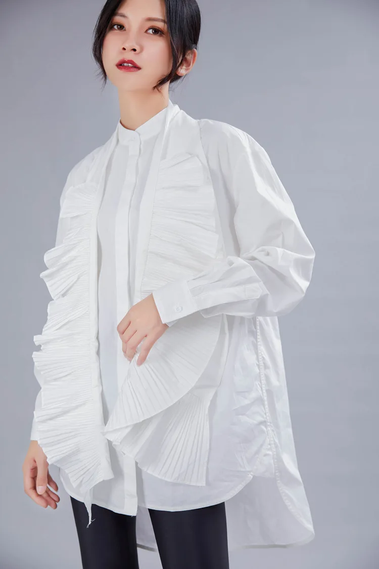 

MSXU 2020 Autumn New Fashionable Accent Exaggerated Frilled White Shirt Women