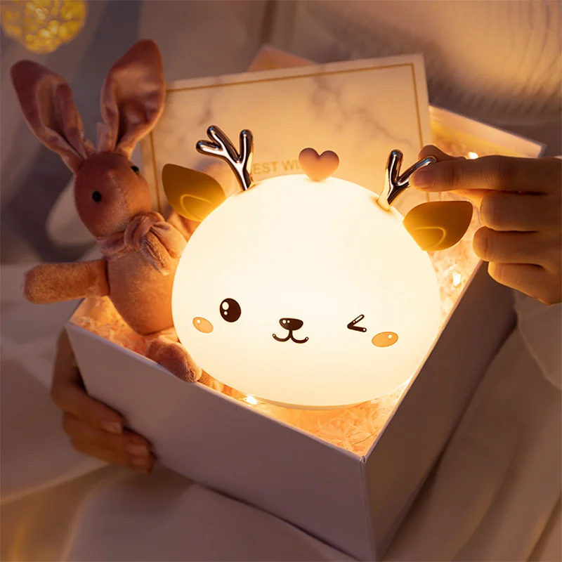 

Cute LED Night Light Silicone Touch Sensor 8 Colors Deer Night Lamp Kids Baby Bedroom Desktop Decor Ornaments USB Charge