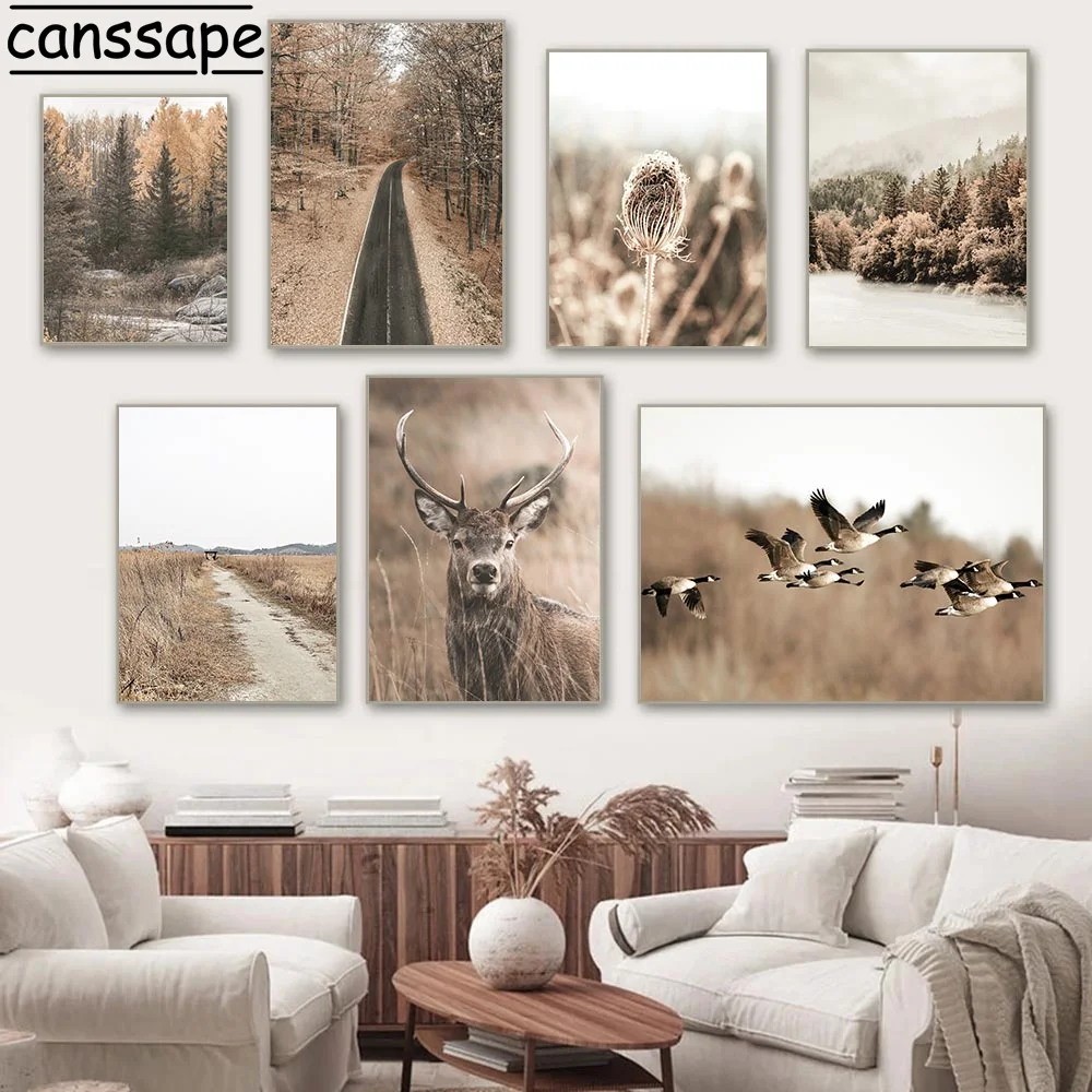 

Осенний лес пейзаж настенные постеры олень птица холст живопись природный пейзаж скандинавские постеры и принты декор гостиной