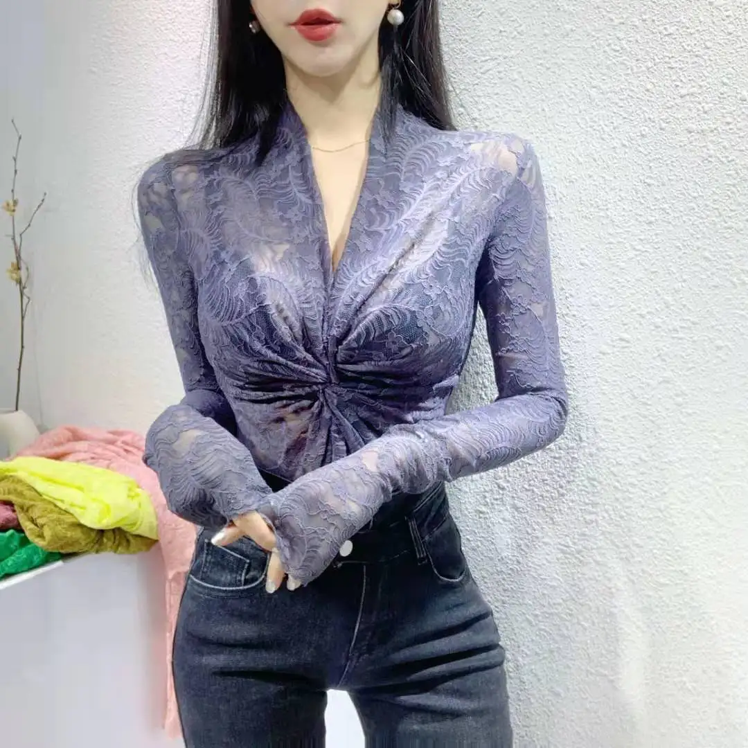 

2020 Brand New Women Shirts Crossed V-neck Long Sleeve Transparent Lace Shirt Sexy Lace Blouse Clubwear Women Tops Blusas