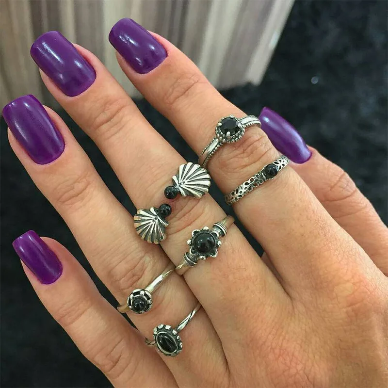 

Europe America Vintage Black Stone Charm Rings For Women Bohemia 6pcs/set Geometric Seashell Knuckle Joint Rings anillos bijoux