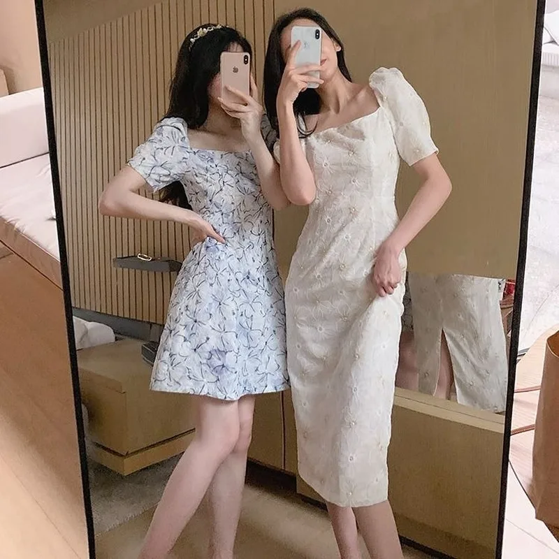 New Puff Sleeve Dress Women Summer 2020 Suqare Collar Elegant Korean Style Female Clothes Casual Mid-Calf Retro Vintage | Женская одежда