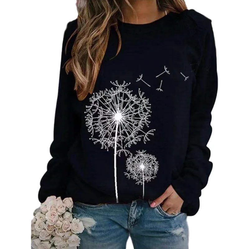 Dandelion Print Women Sweetshirts Long Sleeve T Shirts Top Spring O-neck Casual Female Loose Hoodies Pullover Vintage Streetwear