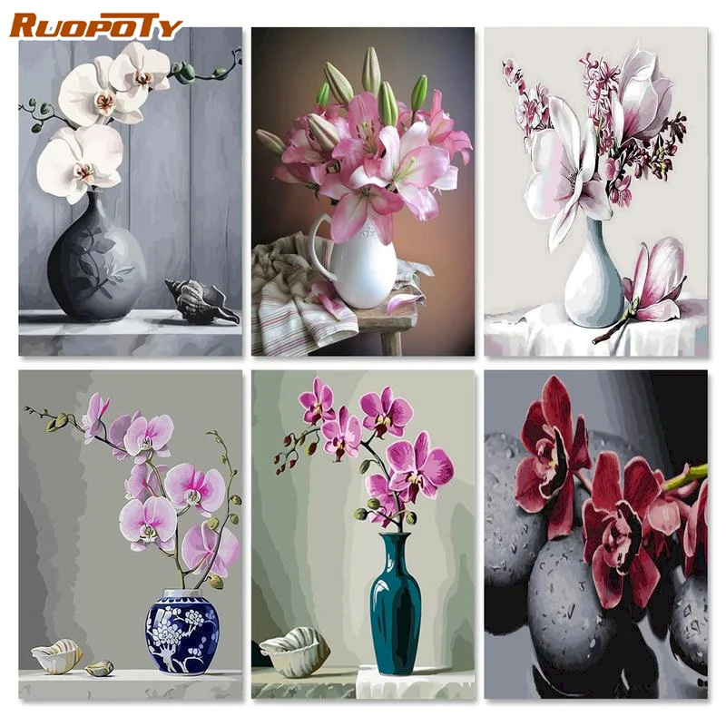 

RUOPOTY Unframe Oil Painting By Numbers Flower For Adults Acrylic Paint Coloring By Numbers Vase On Canvas Home Decoration