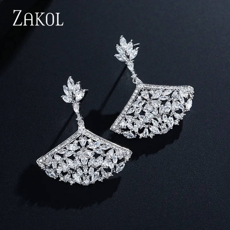ZAKOL новые элегантные роскошные большие серьги с фианитами с креплением микро-ПАВЕ, хрустальные люстры-вентиляторы Форма серьги в виде капель для Для женщин свадебные Brincos, можно носить с FSEP2069 - Окраска металла: Sliver Color