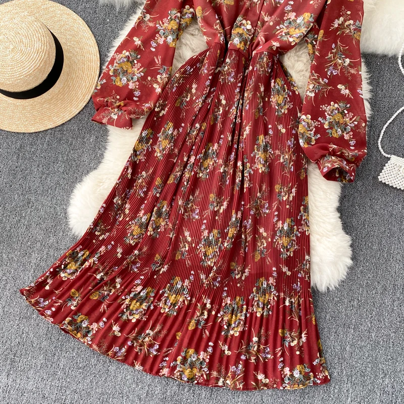 

Spring Autumn Floral Pleated Midi Dress Women Bohemian Single Breasted Draped A-Line Vestidos Female Fashion Robe New Fashion