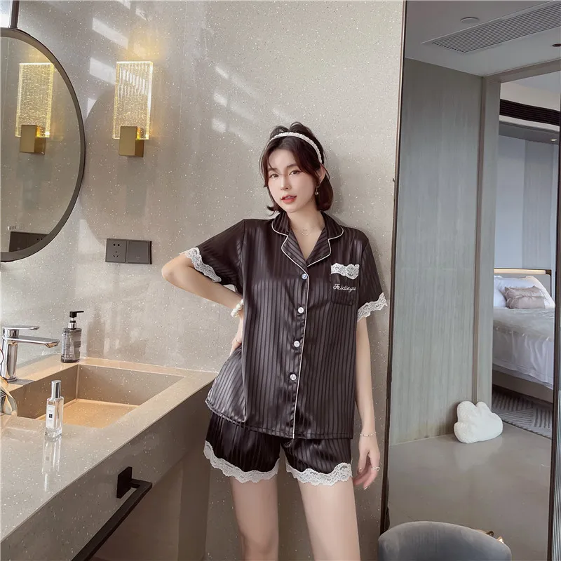 

Летний женский пижамный комплект, сексуальные кружевные шорты с коротким рукавом, костюм из двух предметов, женская шелковая Бриллиантовая...