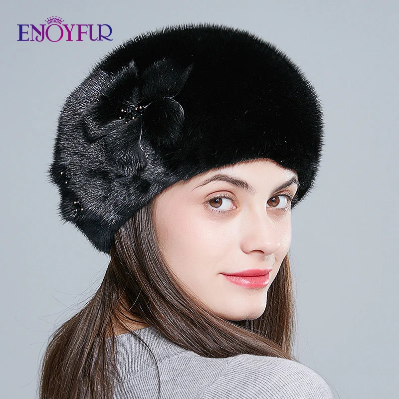ENJOYFUR, модные меховые береты, натуральный мех норки, шапки для женщин, зимние меховые высококачественные кепки в цветочек