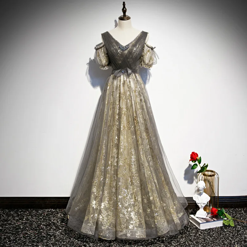 

Женское длинное вечернее платье-трапеция с пышными рукавами, элегантное Привлекательное платье с блестками и бисером, с V-образным вырезом