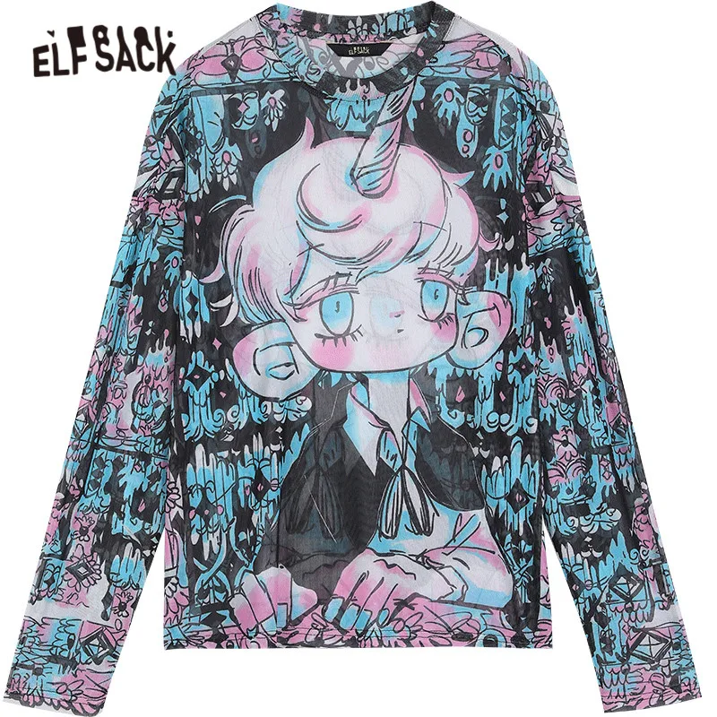 

ELFSACK Harajuku Graphic Print Casual Fishnet Mesh Blouse Women,2021 Spring Full Sleeve See-Through Female,Daily Summer Tee