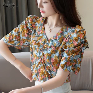 Женская шифоновая блузка, Офисная плиссированная блузка с цветочным принтом, коротким рукавом и V-образным вырезом, корейский пуловер, топы, лето 2021