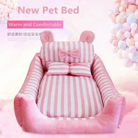 creative striped cartoon dog nest removable washable bite proof pet bed warm comfortable breathable kennel pink blue pet mat