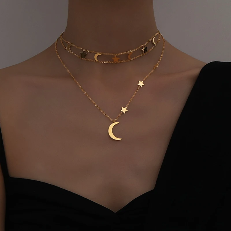 Peri'sBox небольшой полумесяц и ожерелья со звездами с двойной Слои цепочка колье