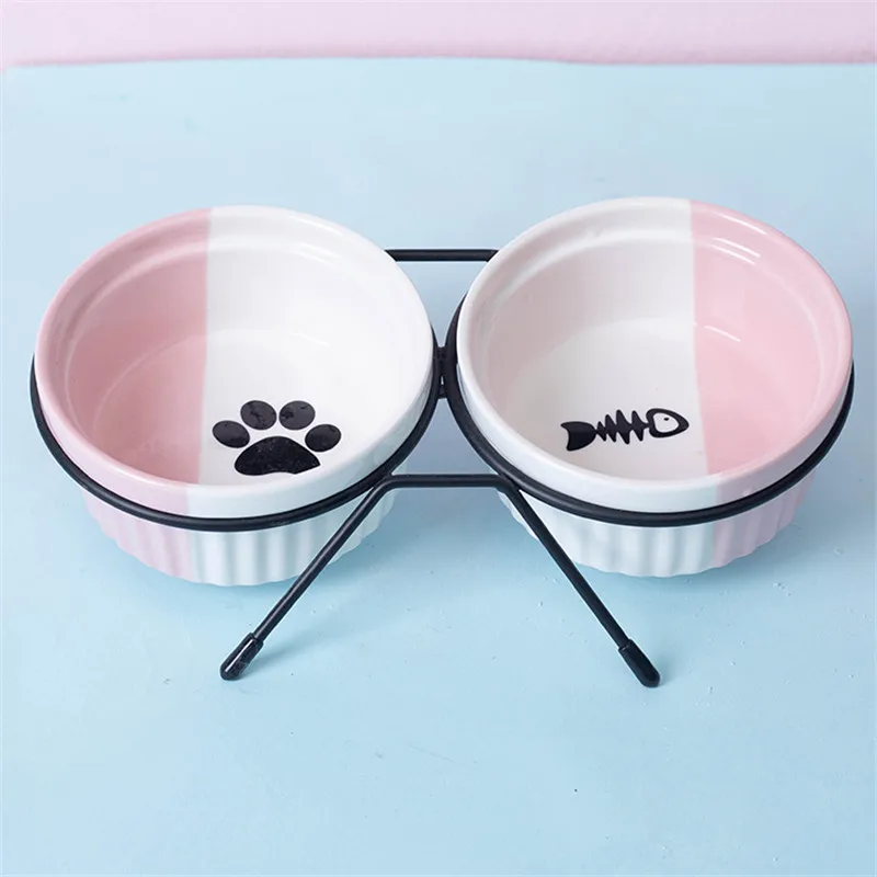 

Миска для кошек, керамическая двойная миска, защита шейного отдела позвоночника, защита от опрокидывания, держатель для корма для кошек дво...