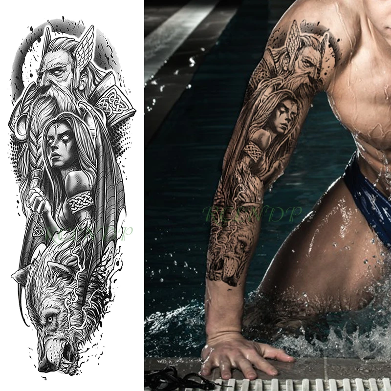 

Waterproof Temporary Tattoo Sticker Warrior Necklace Totem Band Wolf Animal Full Arm Fake Tatto Flash Tatoo for Men Women