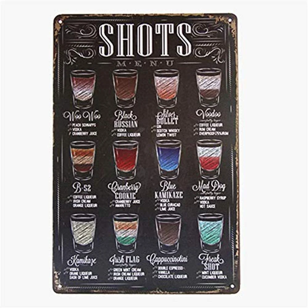 

Shots Menu Retro Vintage Metal Tin Sign Poster Style Wall Art Pub Bar Decor (M0065)