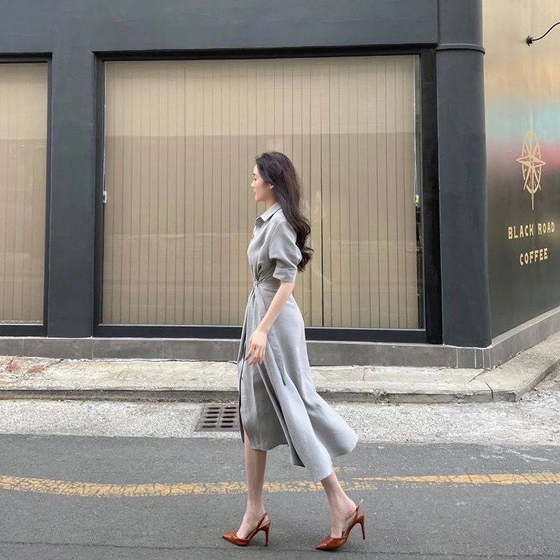 

2021 Autumn Korean Women Pleated Long Maxi Dress Long Sleeve Turn-down Collar Dresses Fashion Office Ladies Vestidos