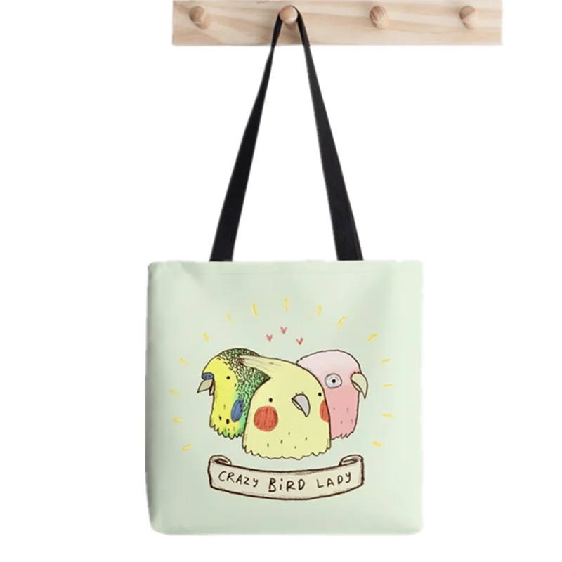 

Women Shopper bag crazy Bird Lady Printed Kawaii Bag Harajuku Shopping Canvas Shopper Bag girl handbag Tote Shoulder Lady Bag