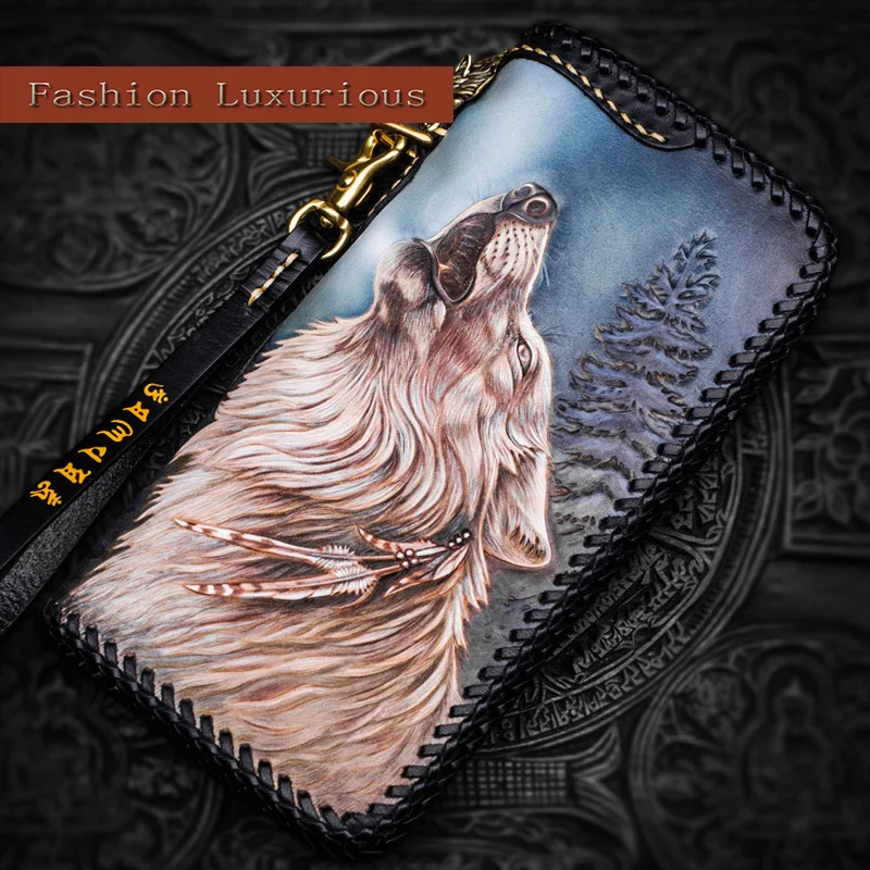 

Unisex handmade leather custom wallet Long large capacity multi-card zipper bag leather carved wallet Treasure bag Leather clutc