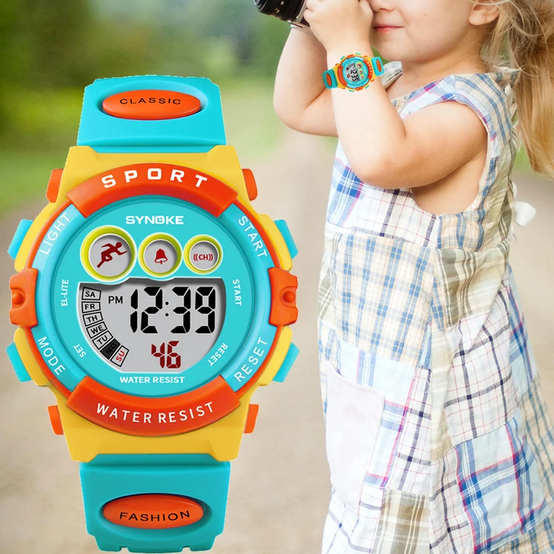 Цветные детские часы SYNOKE водонепроницаемые до 50 м электронные с будильником