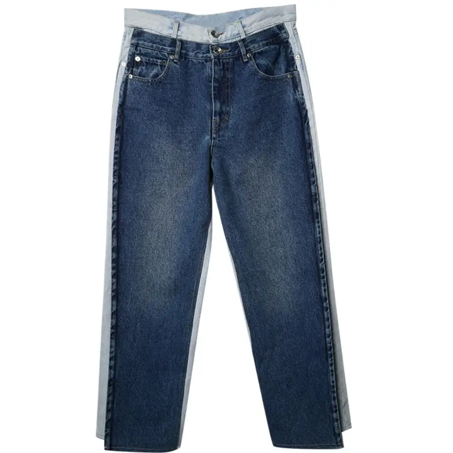 

Flare jeans women 2020 new fashion stitching contrast color wide leg pants split double waist design jeans