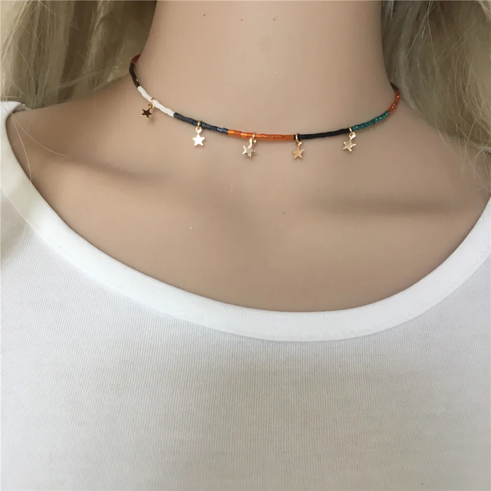 

Lovely Gold Color Plating Small Star Charm Thin Colorful Bead Strand Necklace For Women Gorgeous Elegant Statement Jewelry