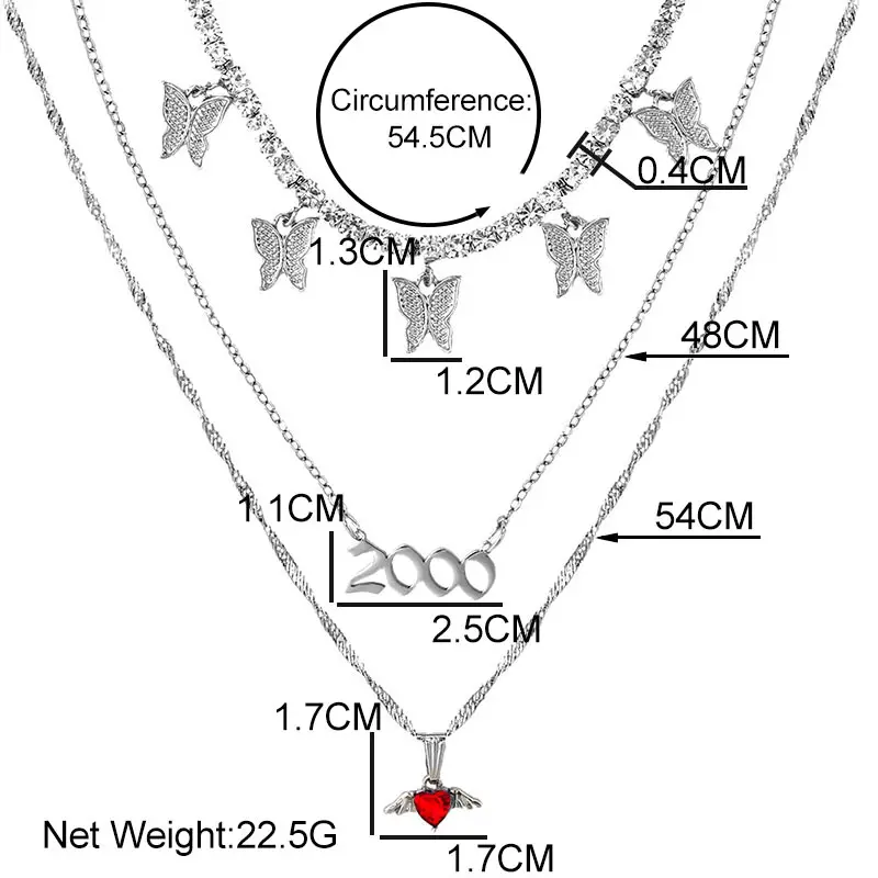

Trendy Crystal Heart Wing Butterfly Multilayer Pendant Tennis Choker Necklace for Women Vintage 2000 Years Number Chain Jewelry