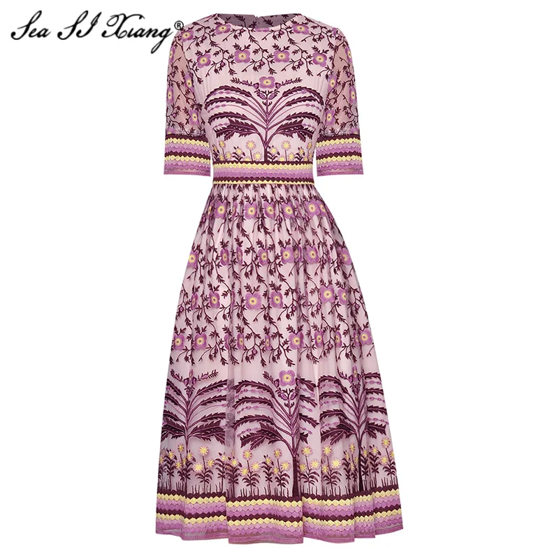 

Женское Сетчатое платье Seasixiang, винтажное дизайнерское платье с круглым вырезом и коротким рукавом, с цветочной вышивкой, лето 2021