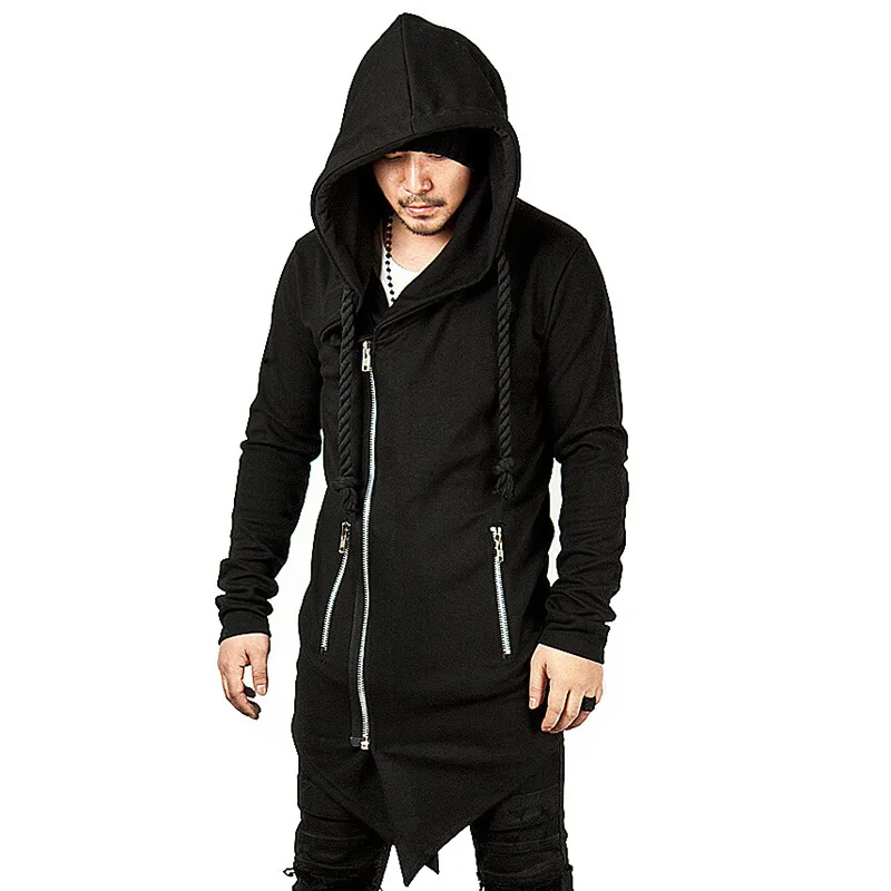 Men black gray hip hop long hoodies with thick string zippers hooded coat man vintage streetwear casual cosplay sweatshirts | Мужская