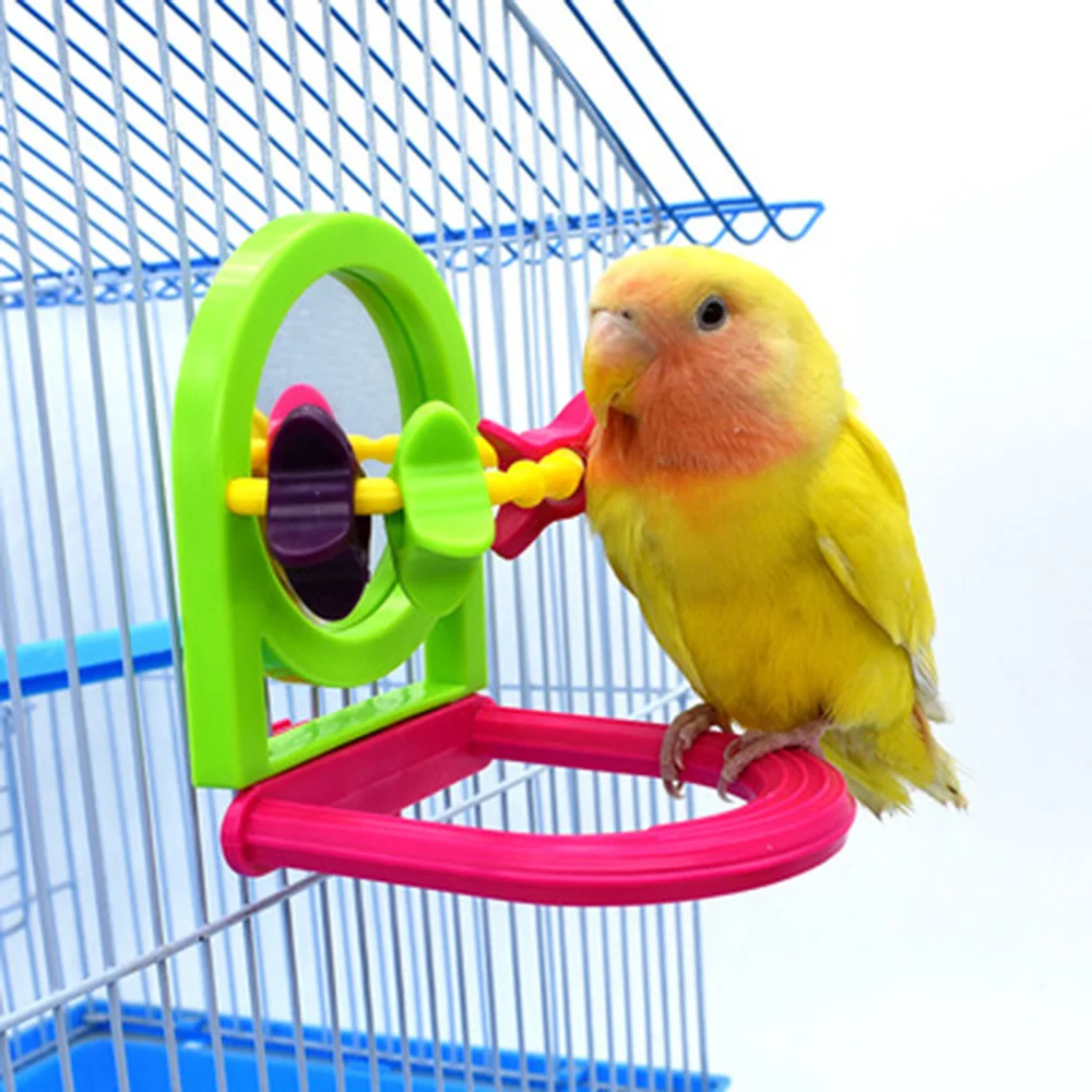 

Bird Stand Perch with Mirror Parrot Plastic Standing Bar Rack Playstand Chewing Toy Birdcage Fun Platform