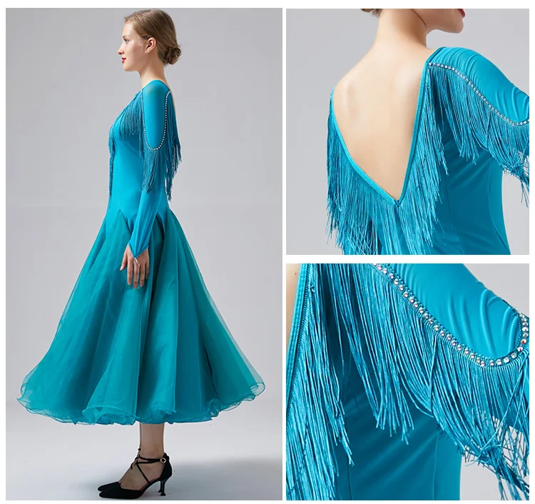 Синее вальсовое платье стандартного бального танца для танцев фокстрота, современный костюм для вечеринок женщин, с бахромой.