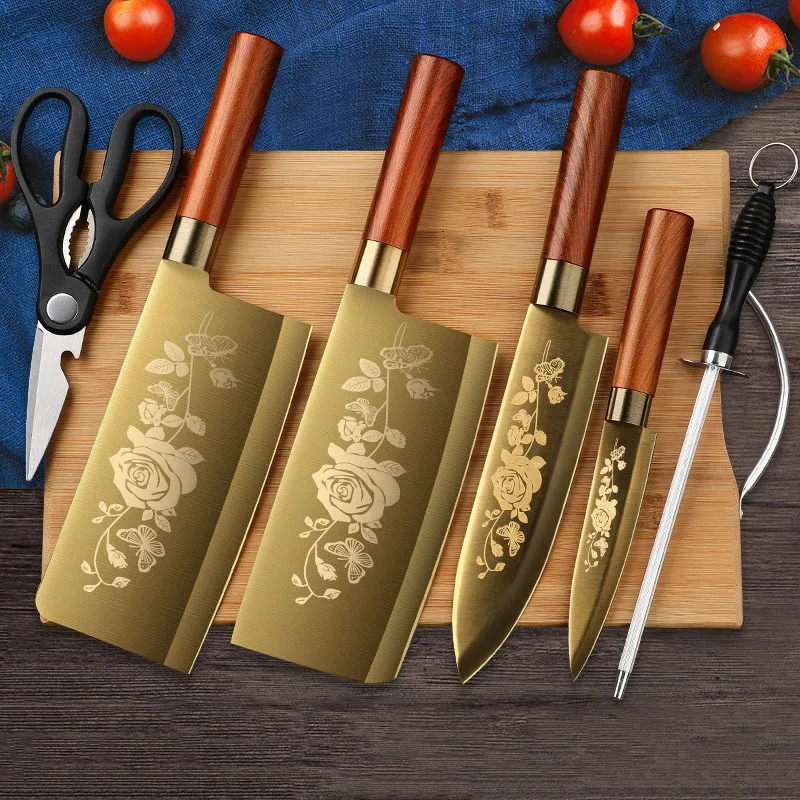 New Style Golden Titanium Plated Kitchen Knives Bone Butcher Cleaver Chef Silcing Knives Fruit Meat Cutters kitchen accessories
