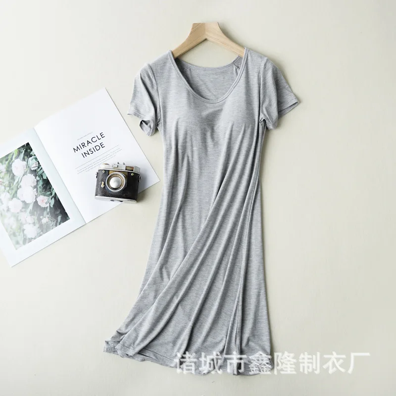 Spring and Summer Modal Short Sleeve Nightdress with Breast Pad No Bra Thin Large Home Dress Women's Home Wear Sexy Nightgown