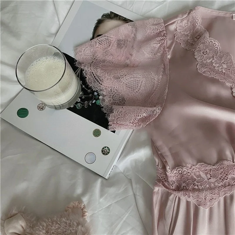 QWEEK Silk Dress Woman Sexy Sleepwear Summer 2021 Nightdress Vintage Lace Nightie Elegant Nightwear Long Nightgowns Pink Nighty
