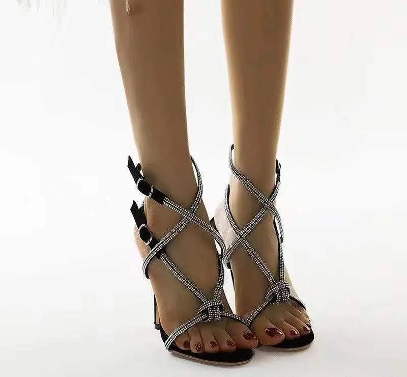 

Beige Heeled Sandals Large Size Fashion Womens Shoes 2021 Black Big High Luxury Rhinestone Girls Stiletto Comfort Solid Fabric C