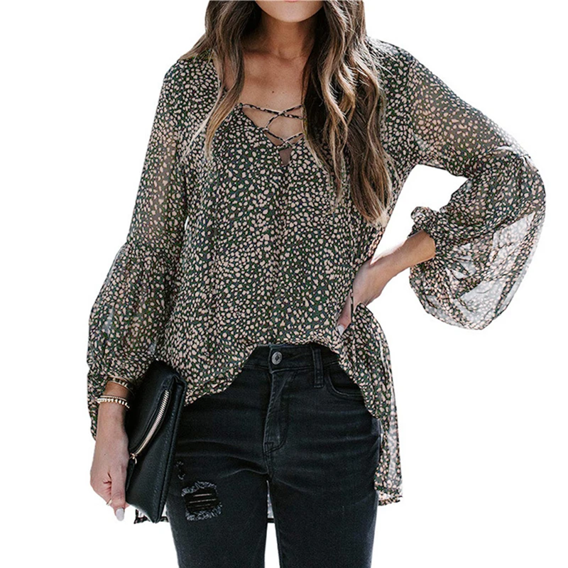 

Women Sexy V-neck Shirts 2020 Autumn Casual Lantern Sleeve Lace Up Leopard Pattern Work Tops Plus Size Blusas Mujer