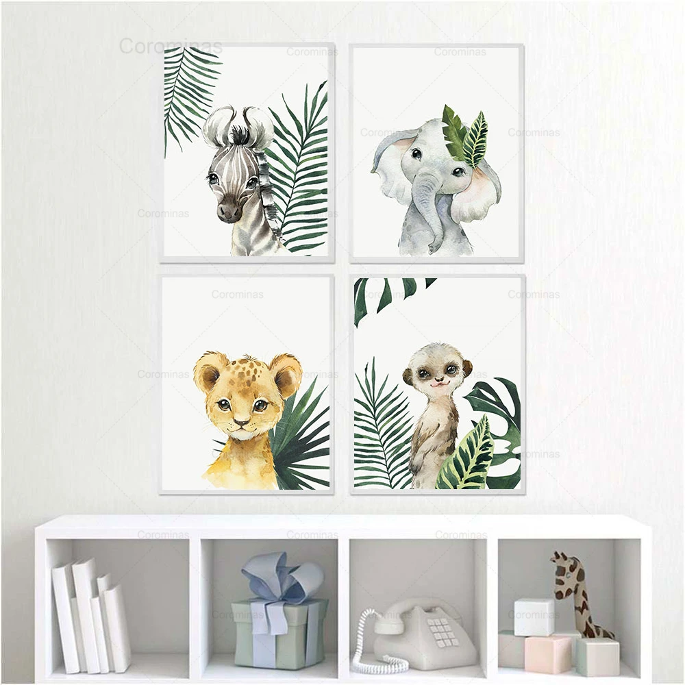 Жираф Слон Лев Джунгли Северные постеры и печати Зеленый лист настенное искусство холст живопись картинки для декора жилой комнаты для мальчиков.