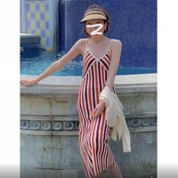 sexy women v neck sling long dresses knitted cotton striped dress summer vacation sleeveless dress