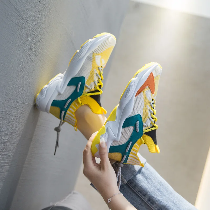 

2021Spring Newest Hot Women Shoes Candy Color Mesh Breathable Sport Casual Shoes Girl Chunky Sneakers Running 4CM Platform Shoes