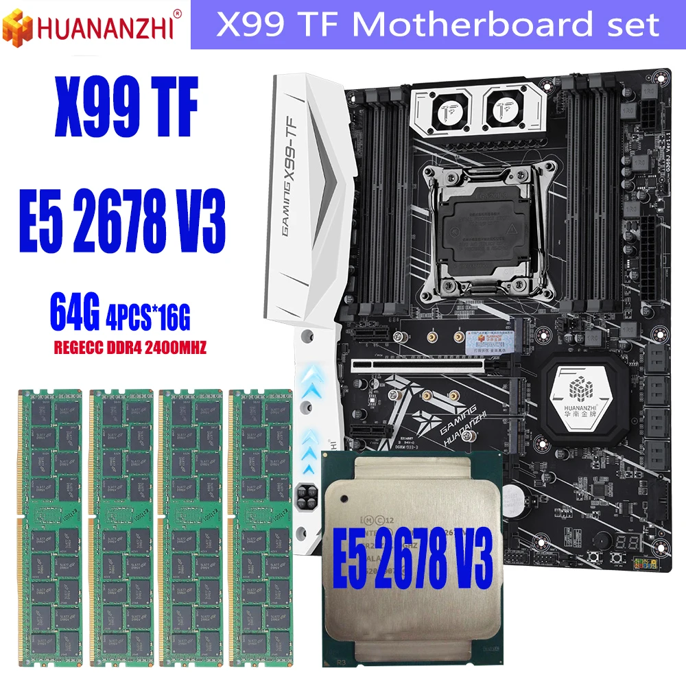 Комплект материнской платы huananzhi x99 TF LGA2011 3 и LGA 2011 Intel Xeon E5 2678 V3 64 ГБ = DDR4 16 Гб x 4 шт.
