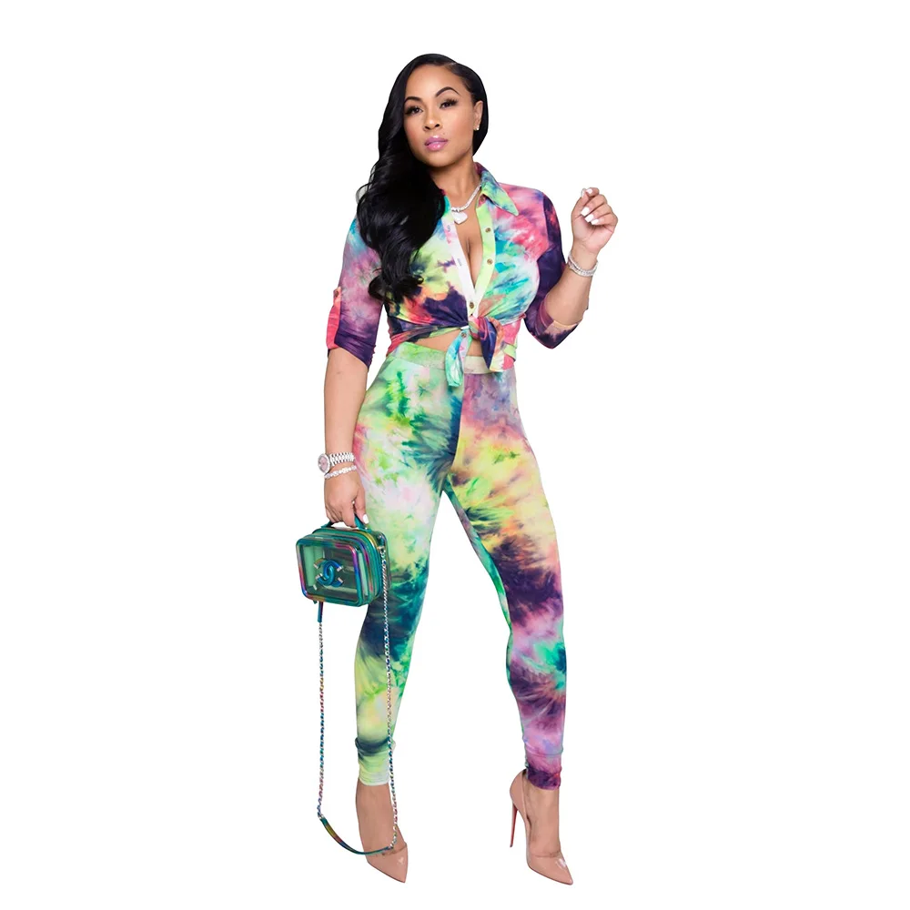 

Повседневный Женский костюм Adogirl для фитнеса с принтом тай-дай, блузки, топы, брюки-карандаш, костюм из двух предметов, модный костюм для трен...