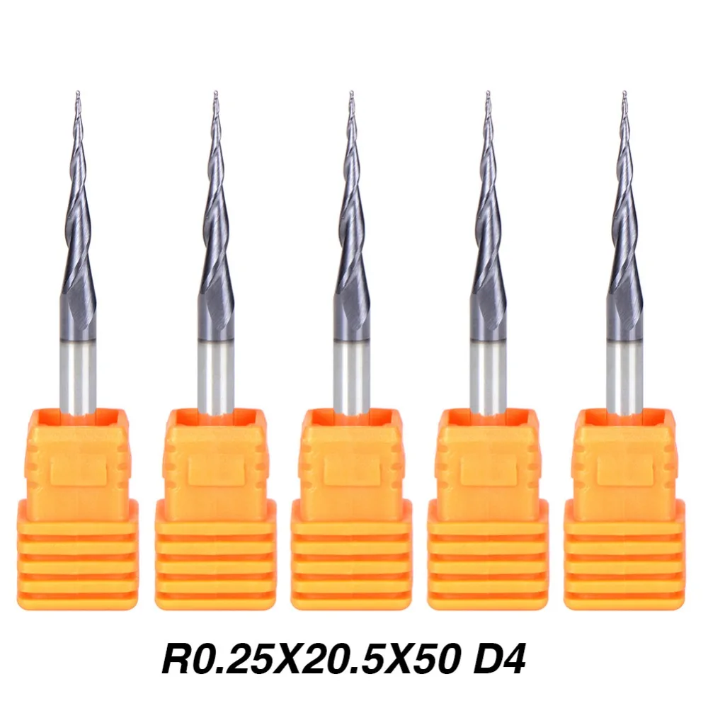 

5pcs/Lot R0.25*D4*20.5*50L*2F HRC55 Tungsten Solid carbide Coated Tapered Taper Ball Nose End Mill cone type cnc Milling cutter