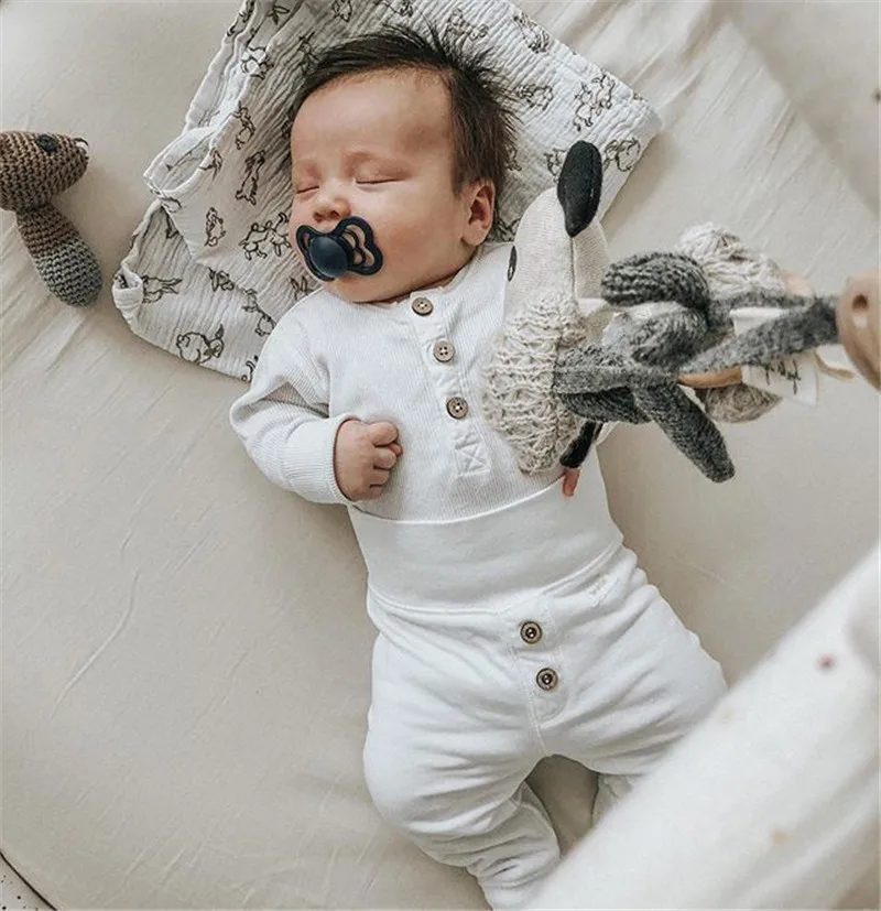 

2pcs Newborn Baby Solid Color Romper Set Long Sleeve Round Neck Button Romper High Waist Pants Boys Girls Autumn Clothing