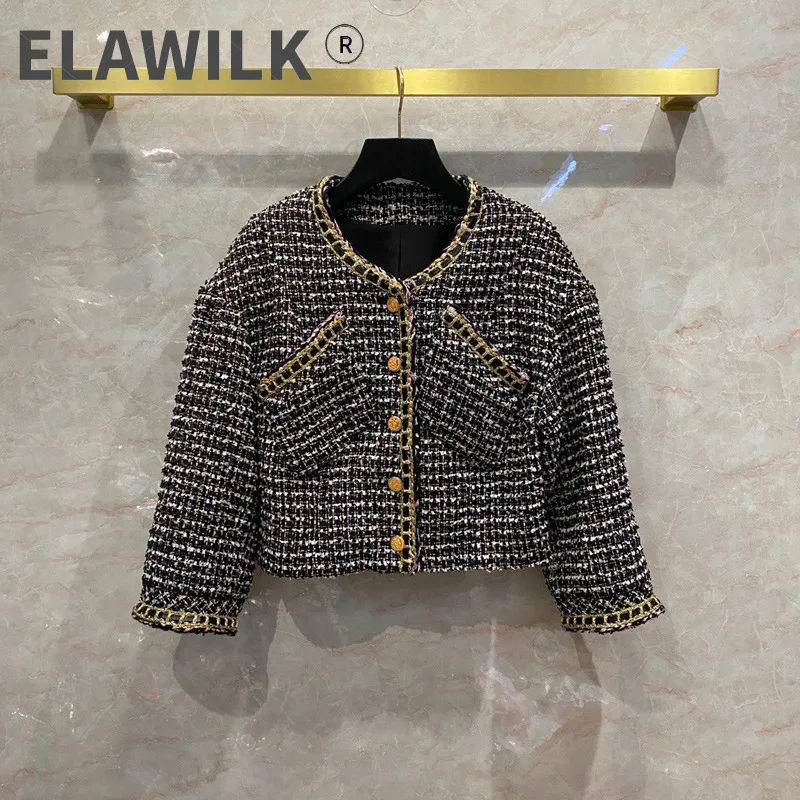 

Autumn Winter New Designer Women's High Quality 100%Silk Lining O-neck Plaid Tweed Jackets C878